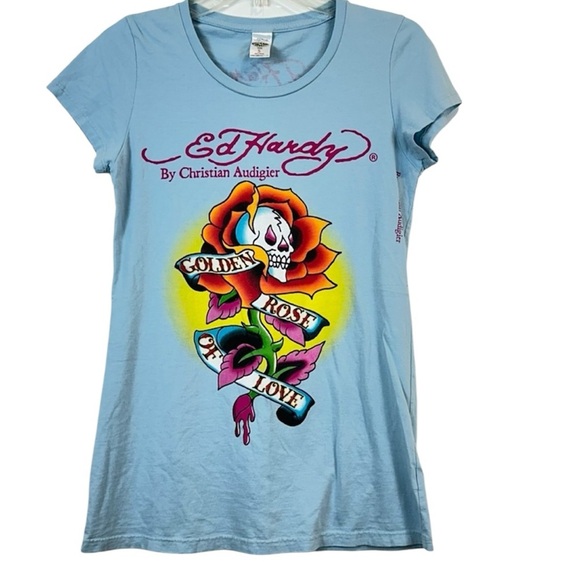 Vintage Y2K Ed Hardy Christian Audigier Golden Rose of Love Babydoll Tee Shirt S - Picture 11 of 11